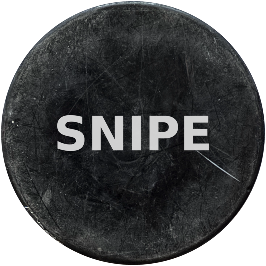 The Snipe puck — an official game puck marked SNIPE
