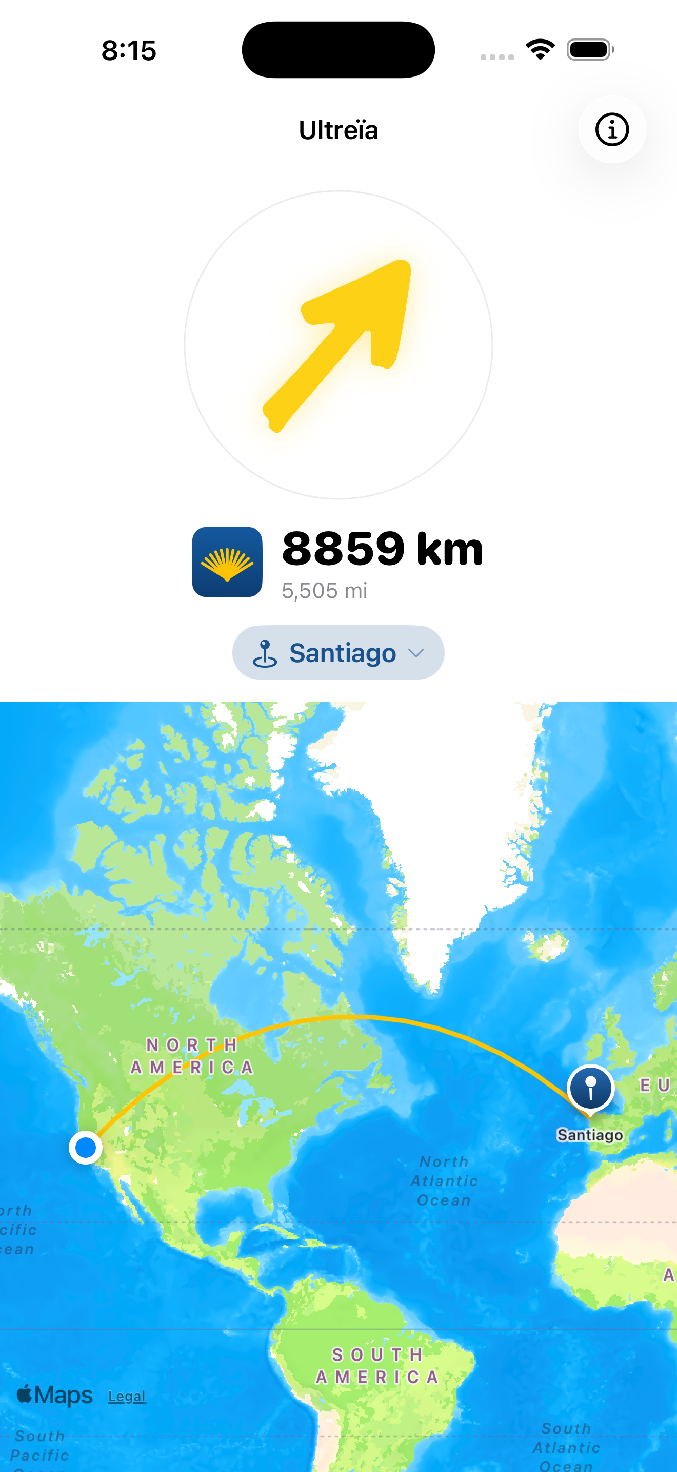 Ultreïa showing the yellow arrow and the distance to Santiago